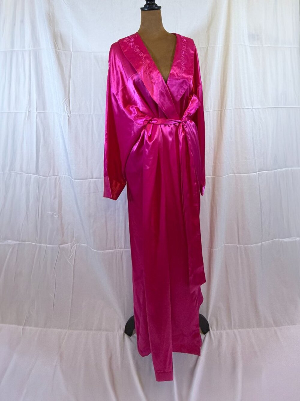 Cabernet Pink Satin Wrap Robe Embroidered Collar Cuffs Long Floor Length